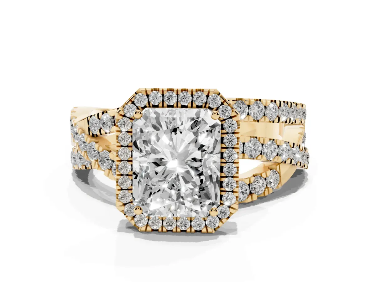 Radiant Cut Diamond Halo Ring with Round Split Shank and Prong Setting Yellow gold