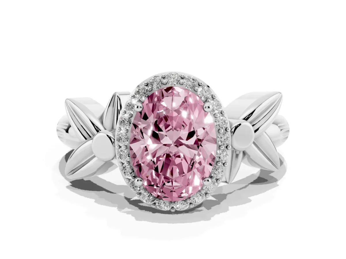 Fancy Pink Oval Cut Halo Diamond Floral Band with Four-Prong Setting Silver