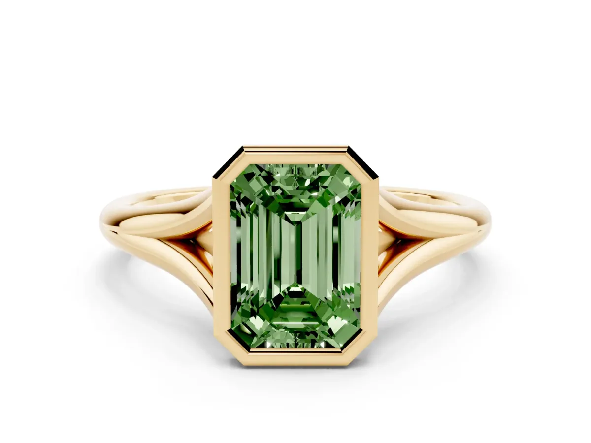 Fancy Green Bezel Set Emerald Cut Cut Solitaire Ring with Tapered Band Yellow gold