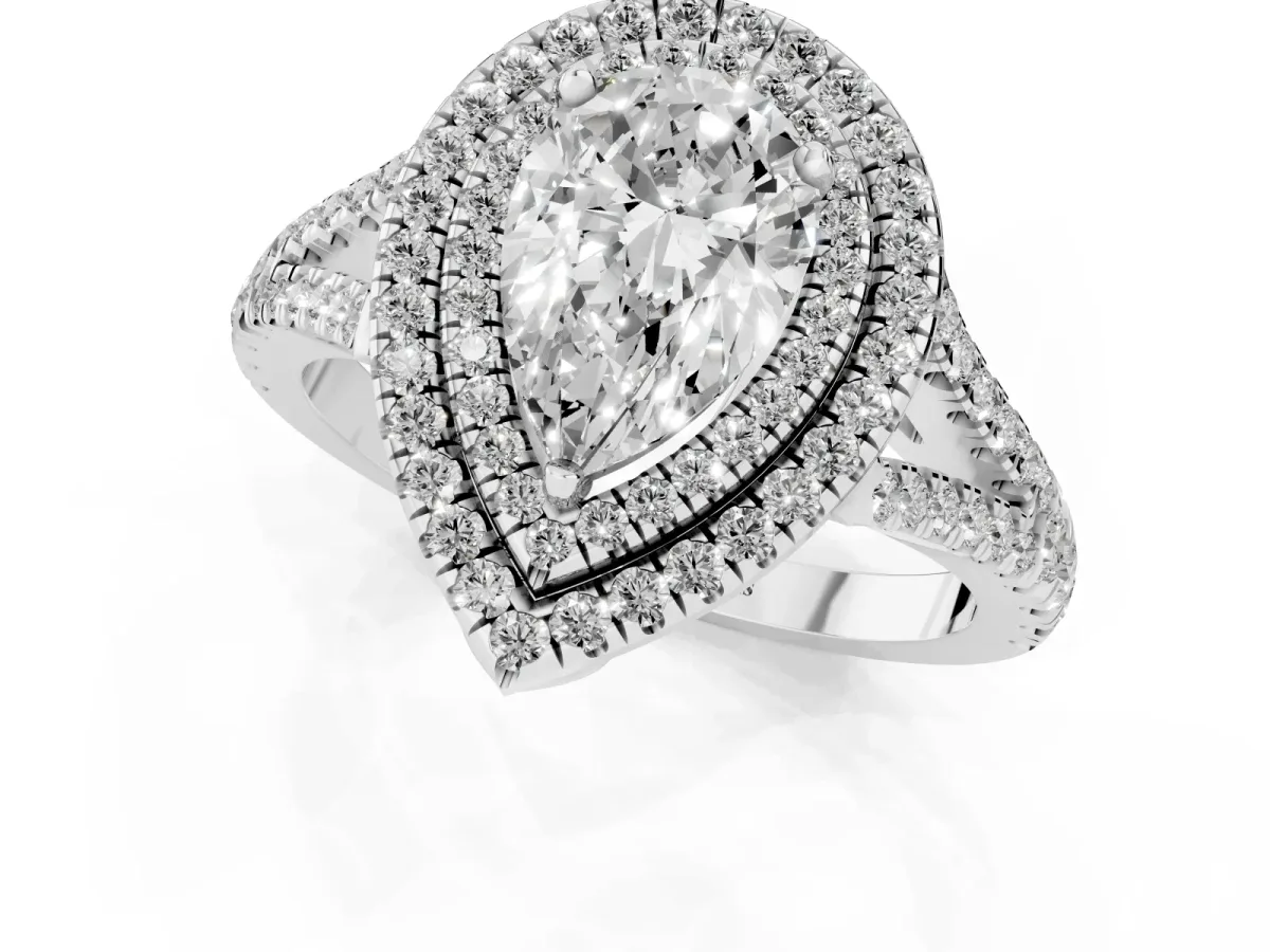 Pear Cut Diamond Double Halo Ring with Pavé Band and Prong Setting Silver