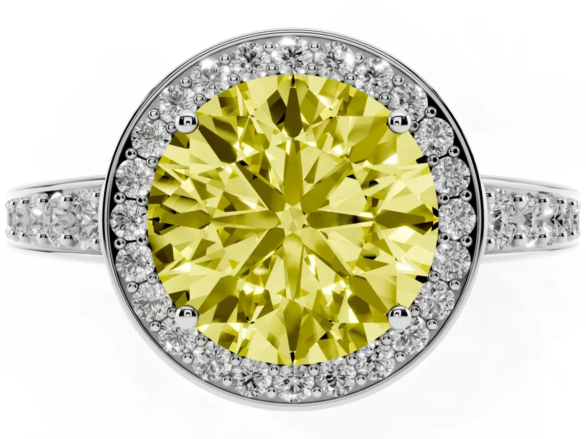 Fancy Yellow Round Cut Halo Pavé Diamond Engagement Ring with Bezel Setting Silver