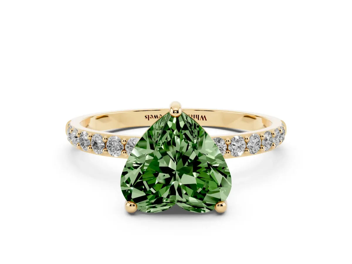 Fancy Green Heart Cut Diamond Solitaire Ring with Round Pavé Band and Prong Setting Yellow gold