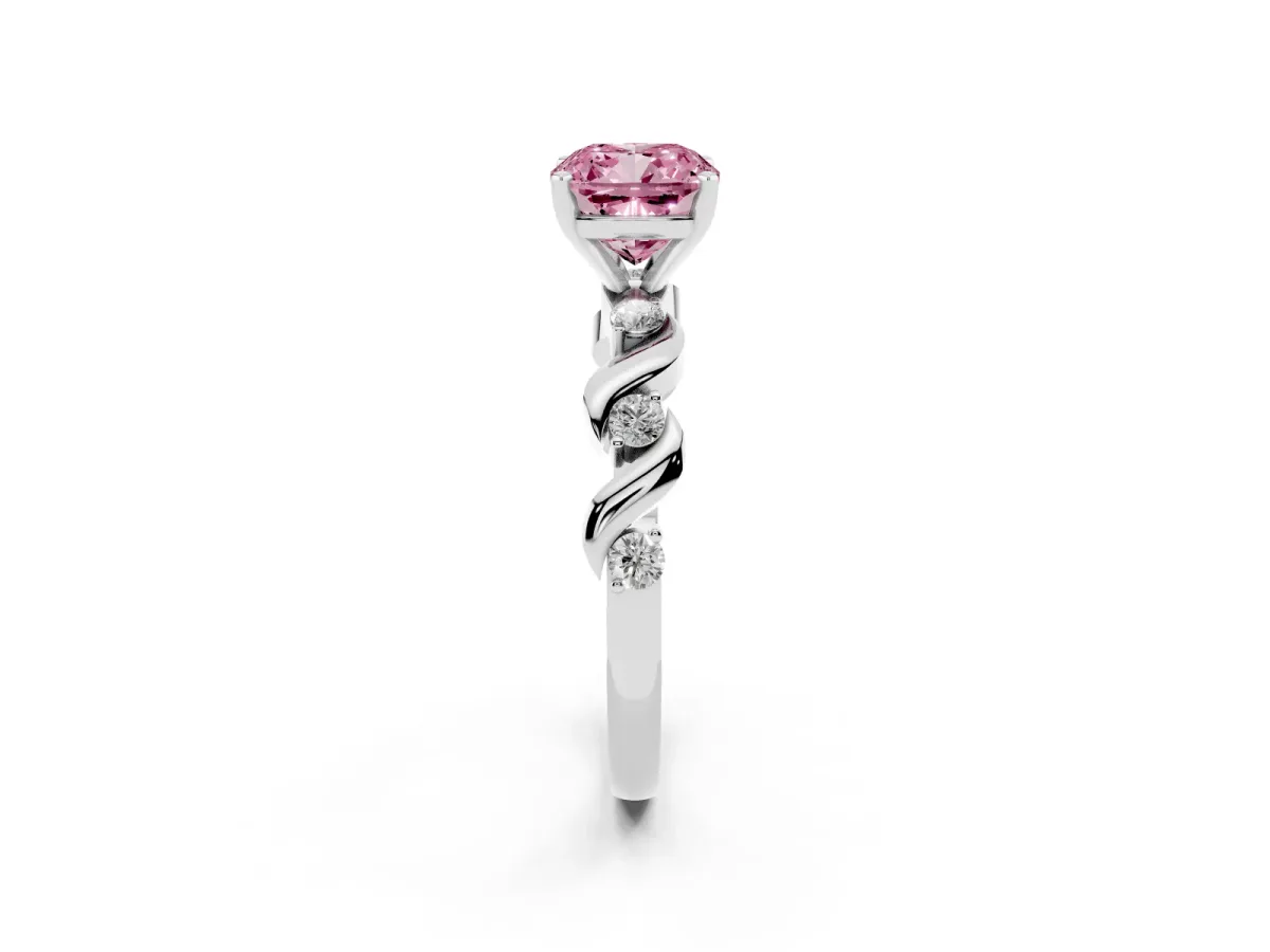 Fancy Pink Cushion Cut Diamond Solitaire Twisted Band with Round Accents and Prong Setting Silver