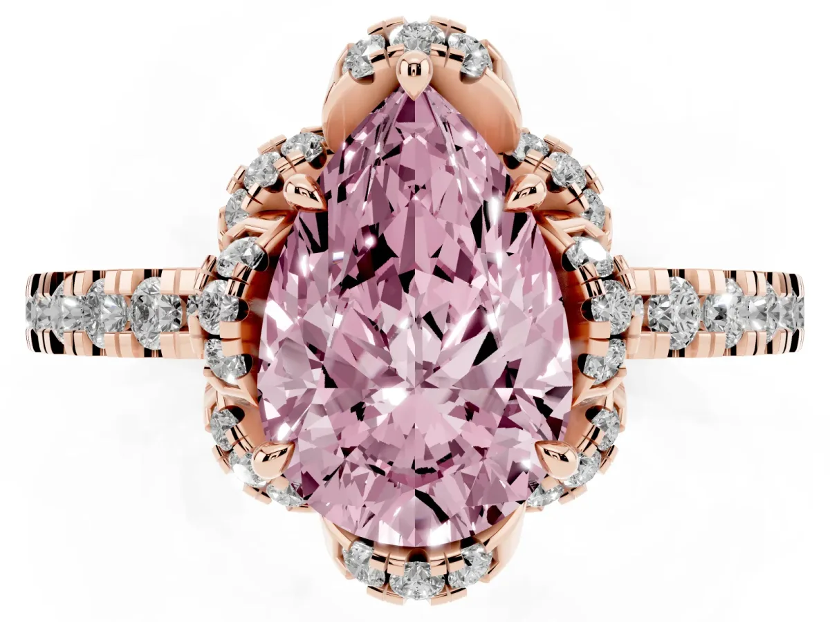 Fancy Pink Pear Cut Halo Diamond Pave Band Ring with Four-Prong Setting Rose gold