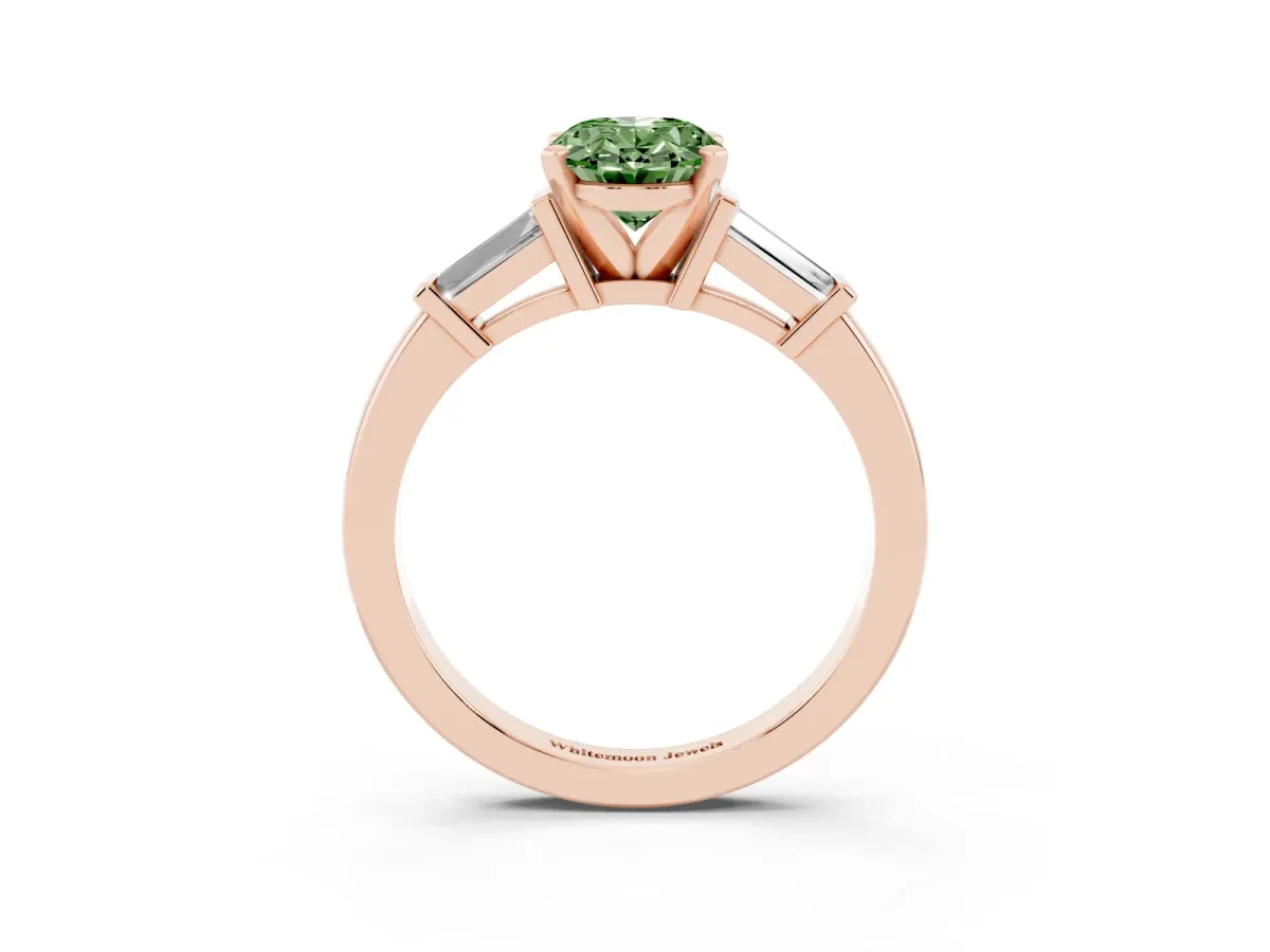 Fancy Green Oval Cut Cut Diamond Solitaire Ring with Tapered Baguette Accents and Four-Prong Setting Rose gold