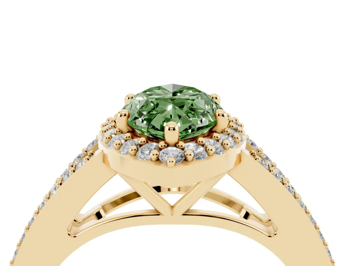 Fancy Green Marquise Cut Halo Split Shank Diamond Ring with Prong Setting Yellow gold