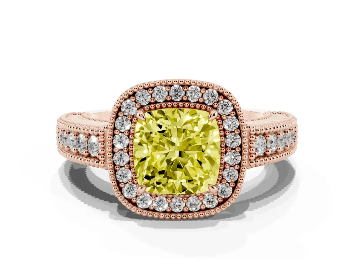 Fancy Yellow Cushion Cut Cut Halo Diamond Ring with Pavé Band and Four-Prong Setting Rose gold