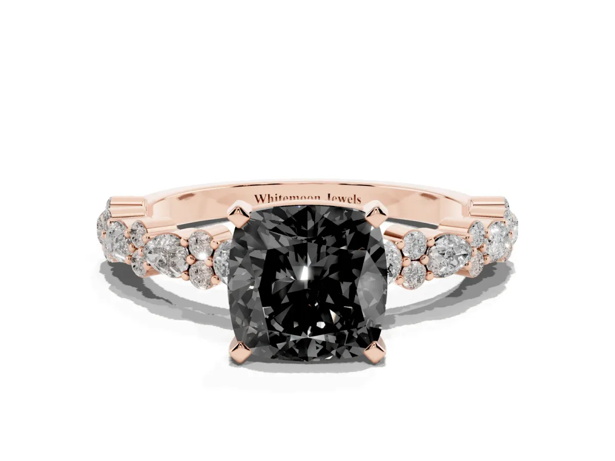 Fancy Black Cushion Cut Diamond Side Stone Solitaire Ring with Round and Four-Prong Setting Rose gold