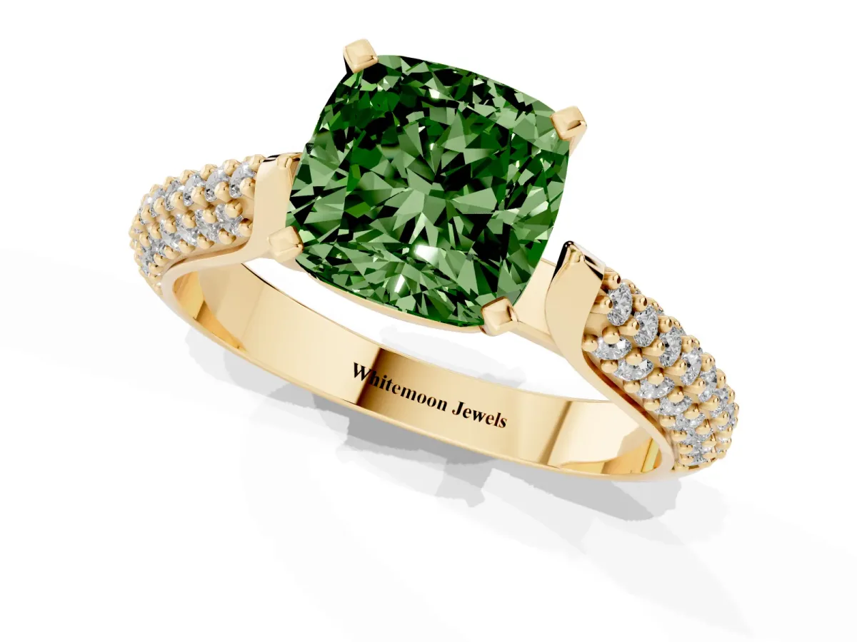 Fancy Green Cushion Cut Diamond Solitaire Engagement Ring with Multi-Row Round Pavé Band and Prong Setting Yellow gold
