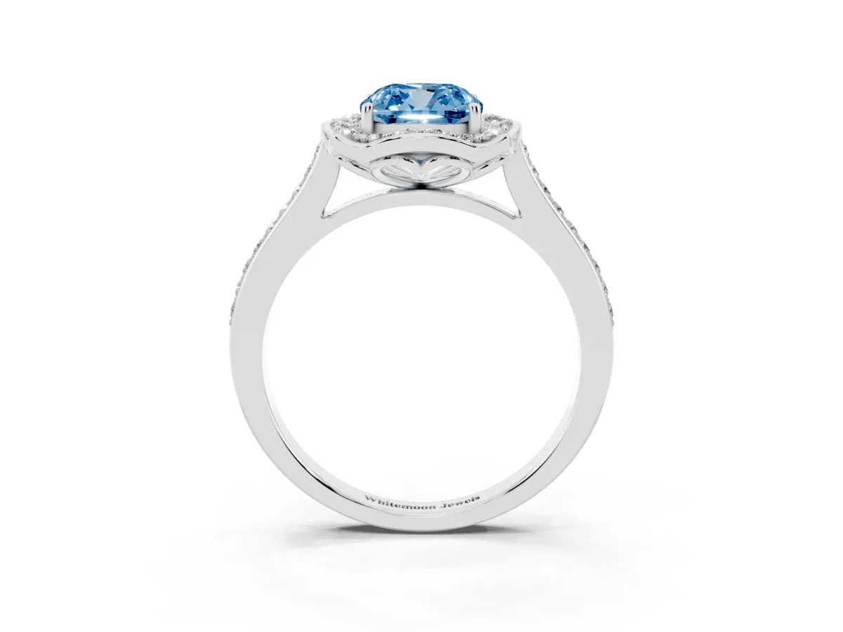 Fancy Blue Cushion Cut Halo Round Diamond Pave Band with Four-Prong Setting Platinum