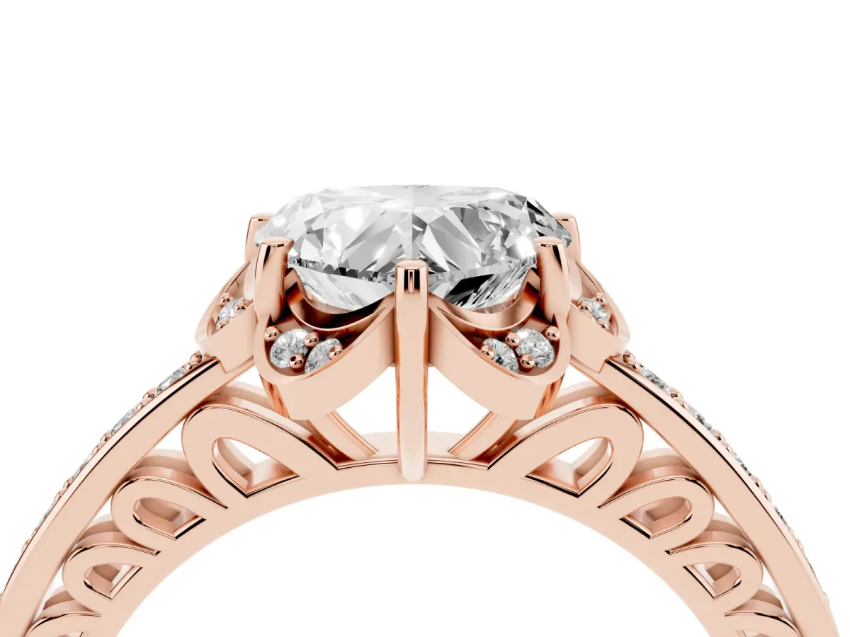 Heart Cut Cut Halo Diamond Ring with Channel Set Band and Four-Prong Setting Rose gold