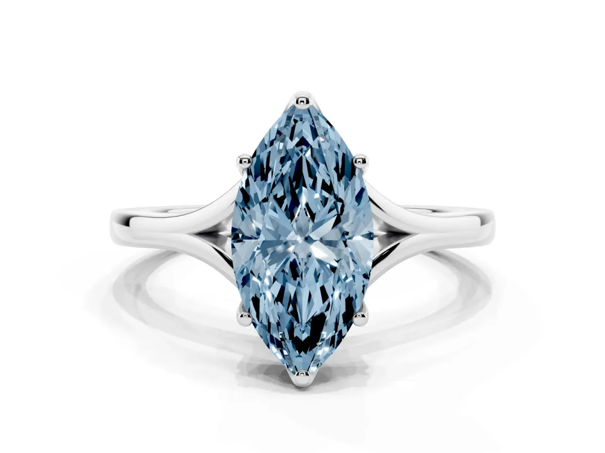 Fancy Blue Marquise Cut Solitaire Diamond Ring with Six-Prong Setting and Tapered Band Platinum