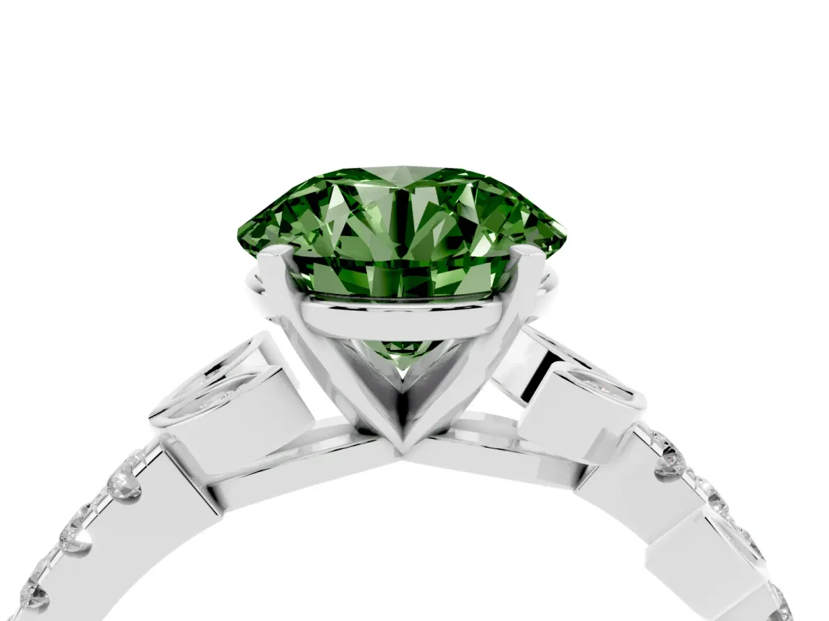 Fancy Green Round Cut Solitaire Leaf-Inspired Diamond Ring with Pavé Band and Four-Prong Setting Silver