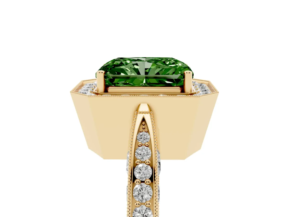 Fancy Green Radiant Cut Halo Diamond Engagement Ring with Split Shank Band and Four-Prong Setting Yellow gold