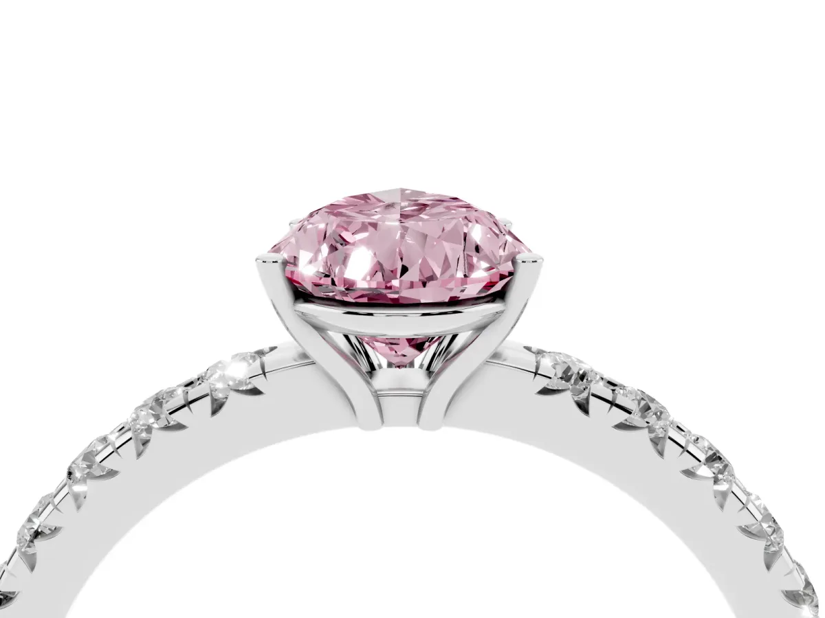 Fancy Pink Pear Cut Diamond Pavé Solitaire Engagement Ring with Four-Prong Setting Platinum