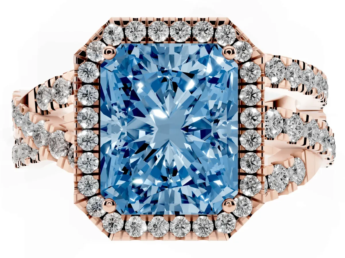 Fancy Blue Radiant Cut Diamond Halo Ring with Round Split Shank and Prong Setting Rose gold