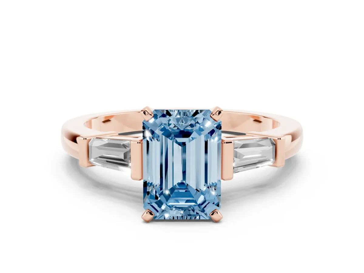 Fancy Blue Emerald Cut Cut Diamond Solitaire Ring with Tapered Baguette Accents and Four-Prong Setting Rose gold