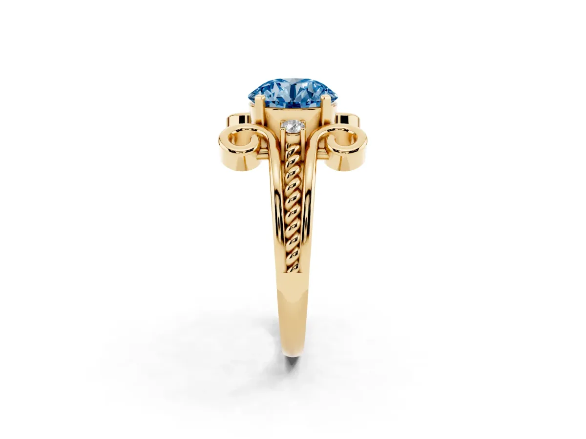 Fancy Blue Round Cut Solitaire Twisted Band Scroll Prong Ring Yellow gold