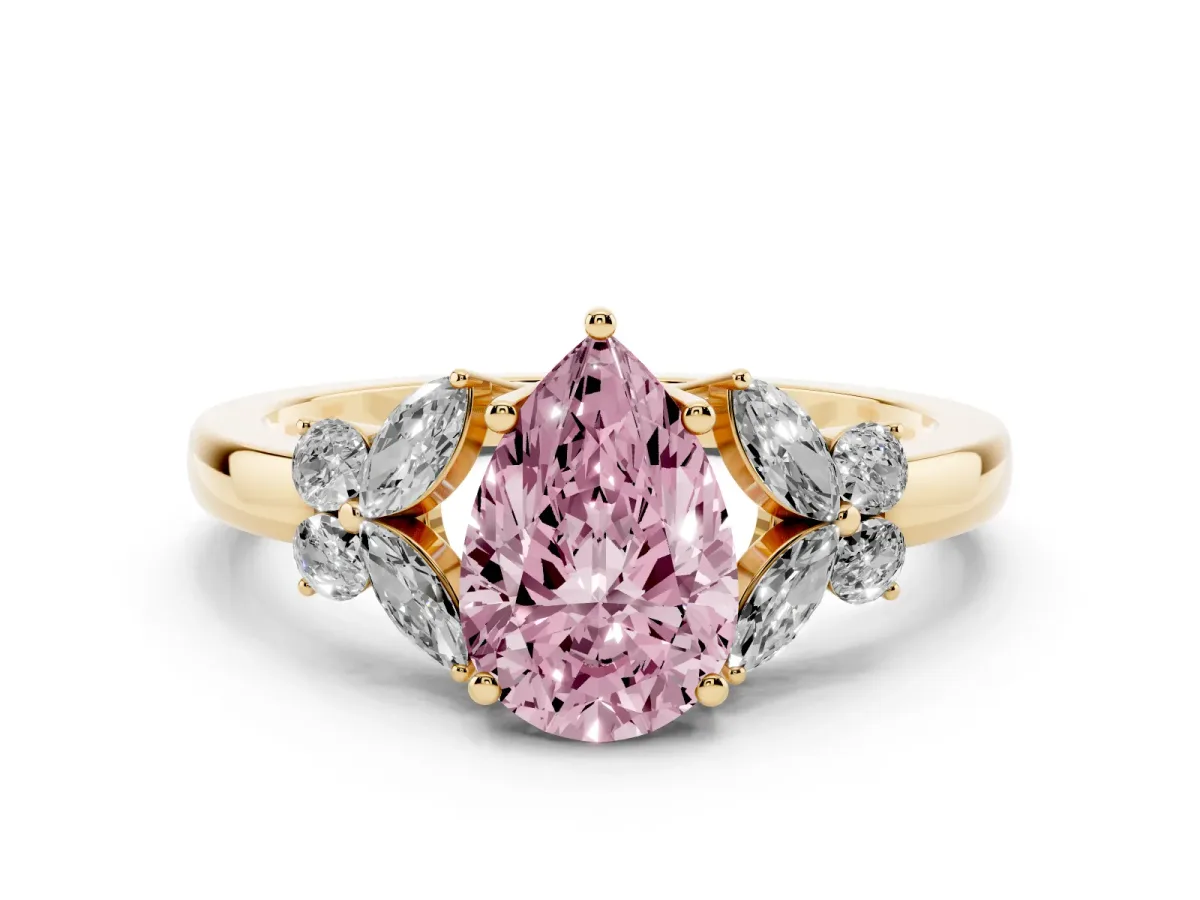 Fancy Pink Pear Cut Cut Solitaire Floral Diamond Ring with Four-Prong Setting Yellow gold