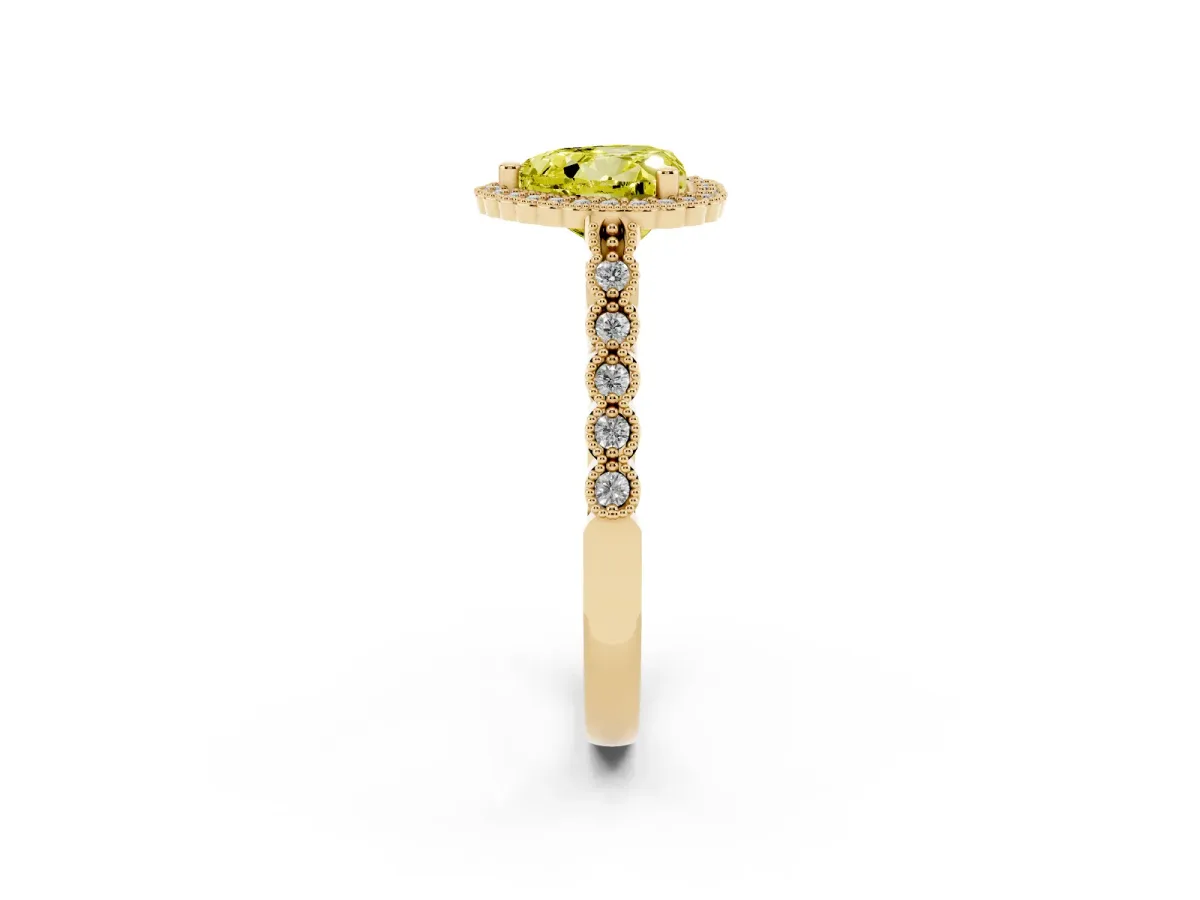 Fancy Yellow Heart Cut Cut Halo Pavé Solitaire Ring with Milgrain Band Yellow gold
