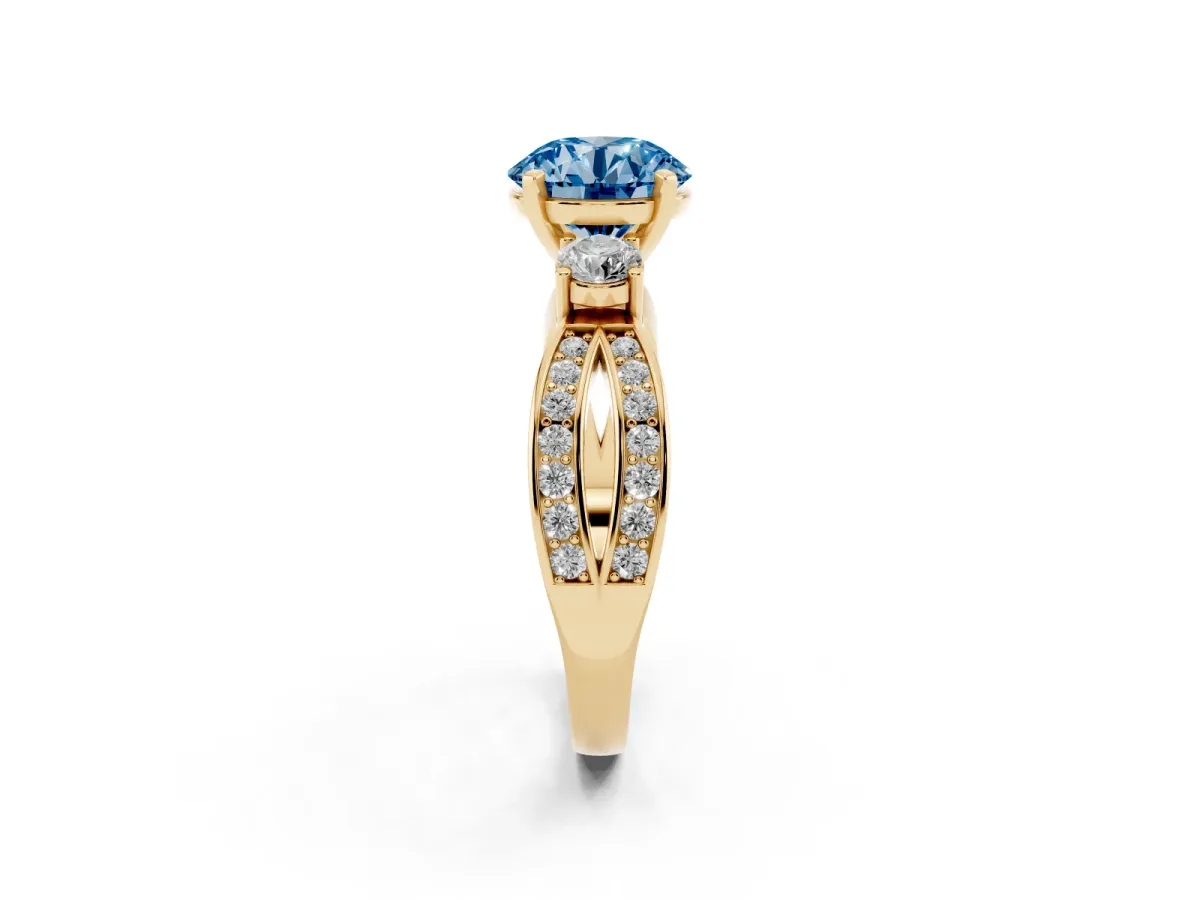 Fancy Blue Three-Stone Round Cut Cut Diamond Twist Band with Prong Setting Yellow gold