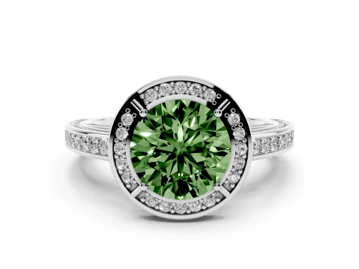 Fancy Green Round Cut Cut Halo Pave Split Shank Prong Setting Ring Silver