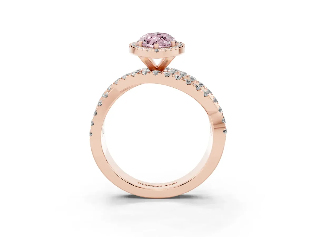 Fancy Pink Marquise Cut Diamond Halo Ring with Round Split Shank and Prong Setting Rose gold
