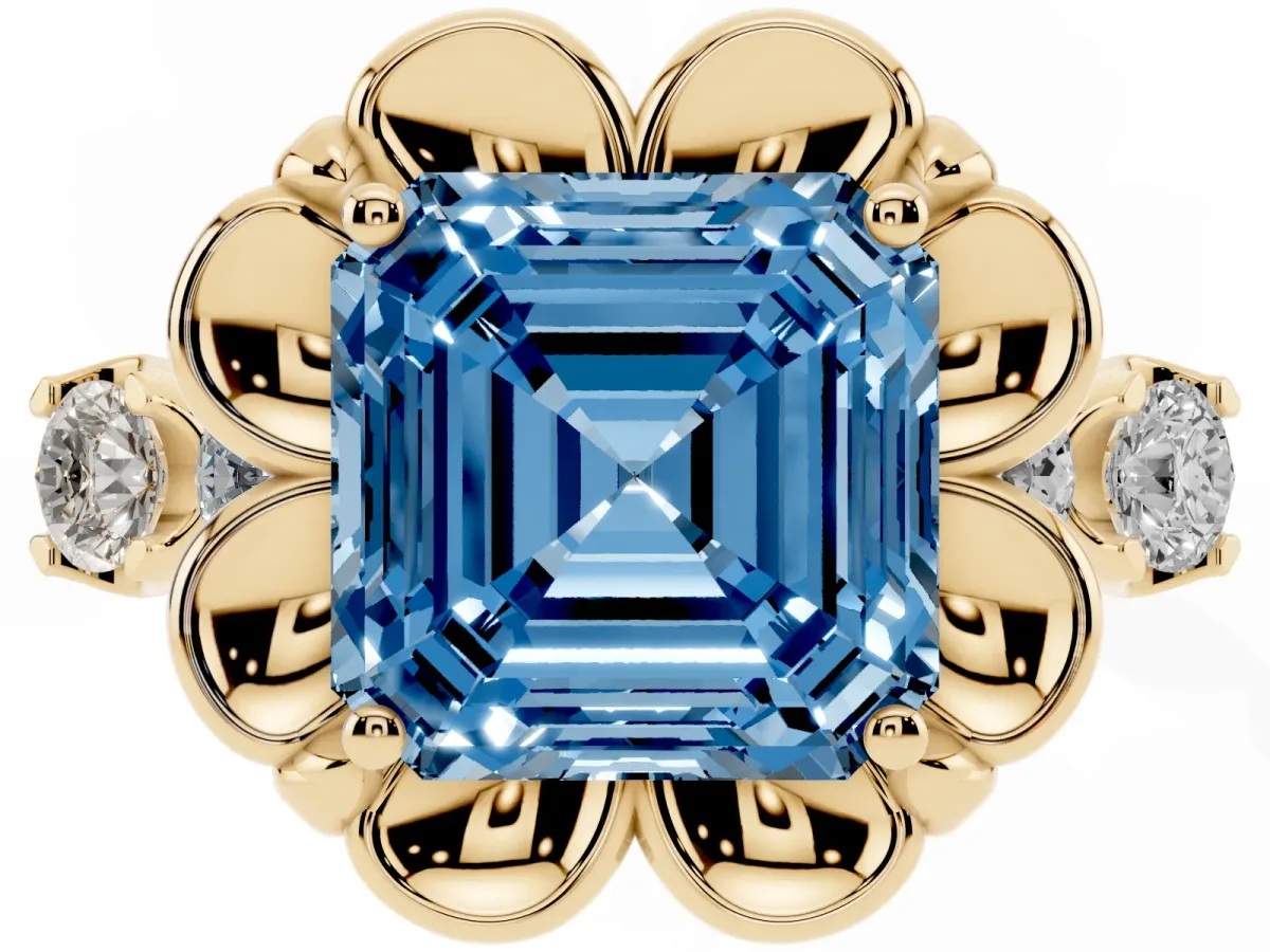 Fancy Blue Asscher Cut Cut Diamond Floral Halo Engagement Ring with Shared Prong Setting Yellow gold