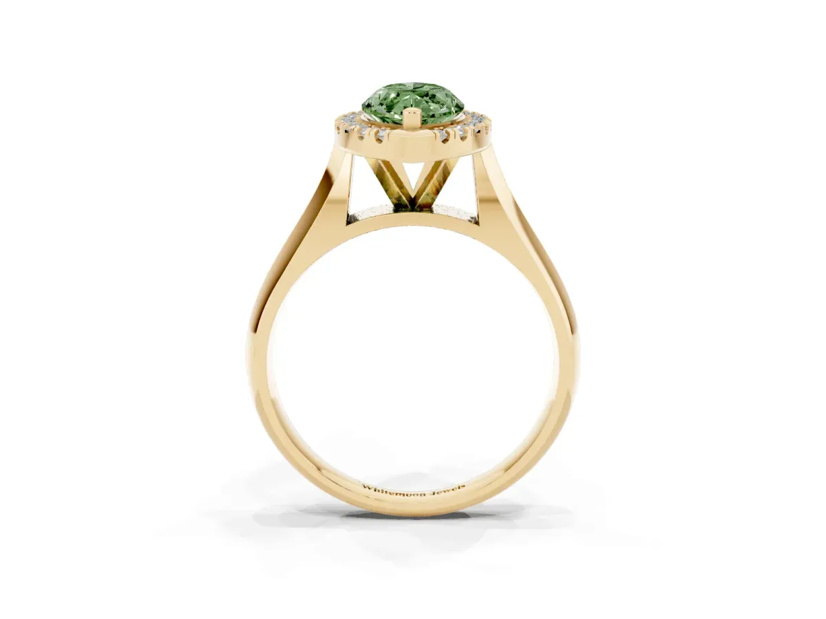 Fancy Green Marquise Cut Cut Halo Solitaire Engagement Ring with Square Band and Four-Prong Setting Yellow gold