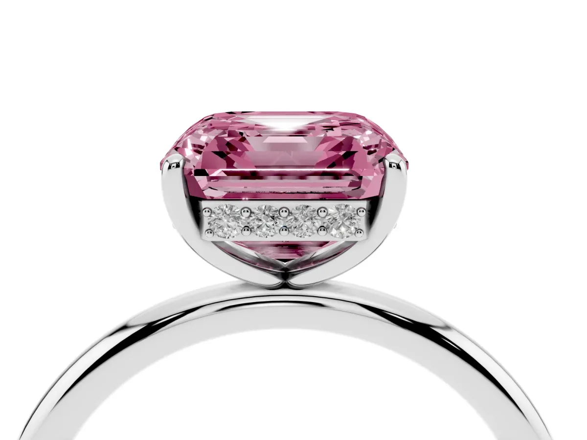 Fancy Pink Asscher Cut Solitaire Diamond Ring with a Classic Band and Four-Prong Setting Silver
