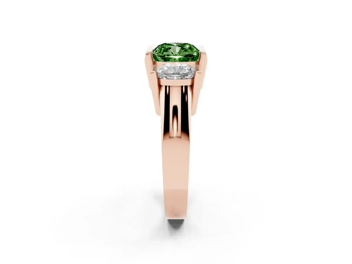 Fancy Green Three Stone Cushion Cut Cut Channel Set Diamond Ring Rose gold