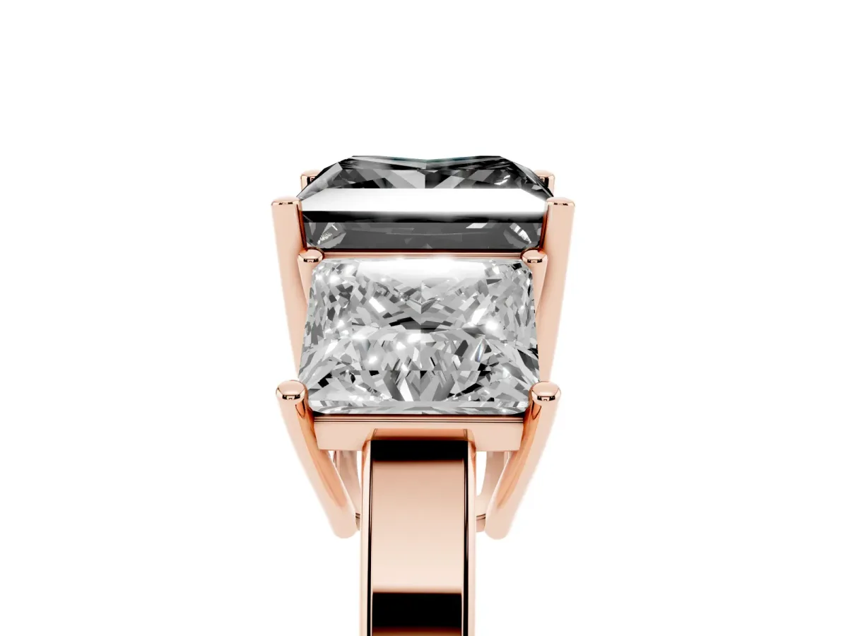 Fancy Black Three-Stone Princess Cut Cut Diamond Engagement Ring with Flat Band and Four-Prong Setting Rose gold