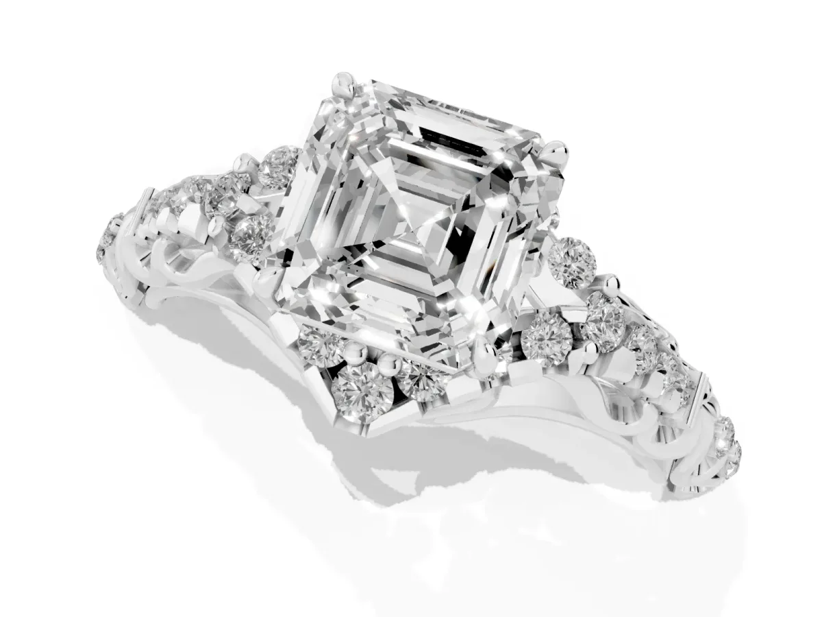 Asscher Cut Diamond Solitaire Ring with Hidden Halo and Pavé Band Platinum