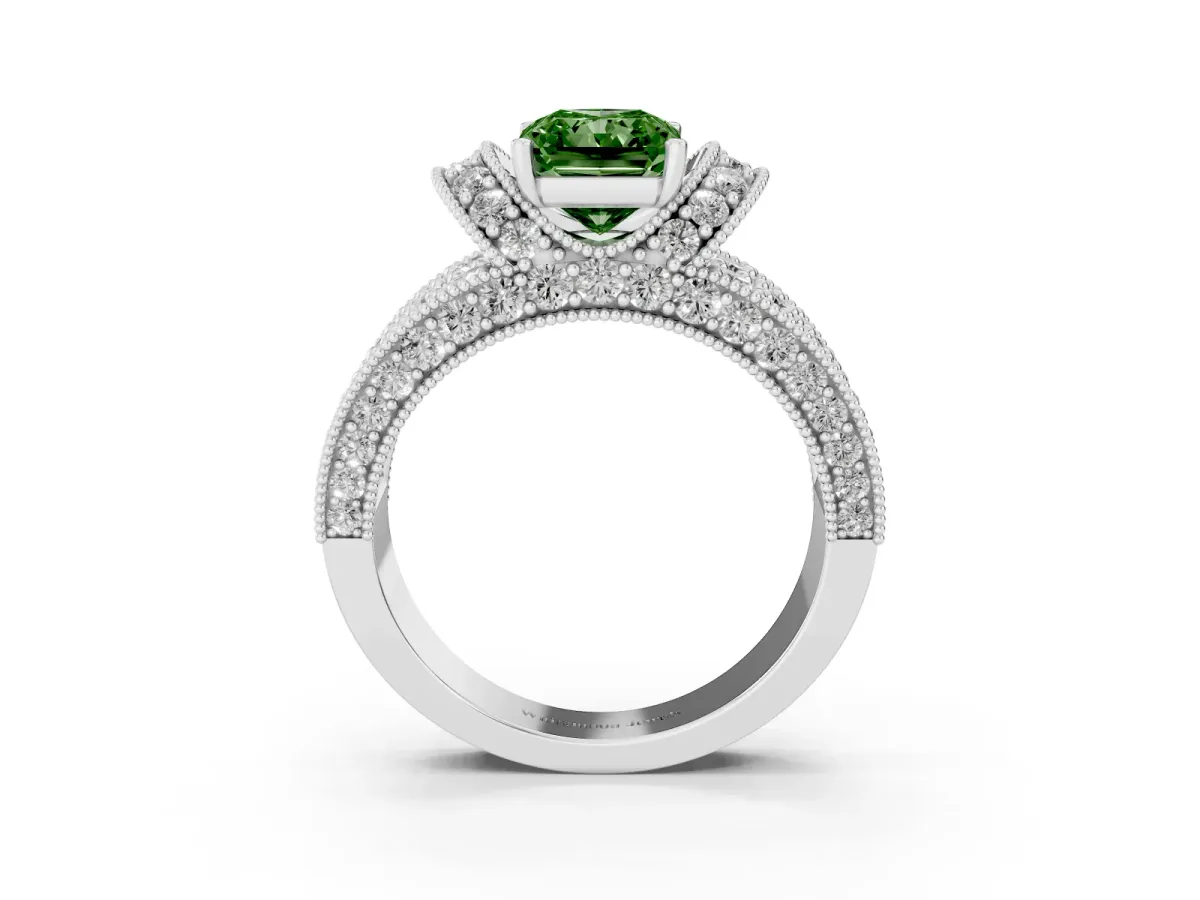 Fancy Green Radiant Cut Halo Pave Diamond Engagement Ring with Milgrain Detailing White gold