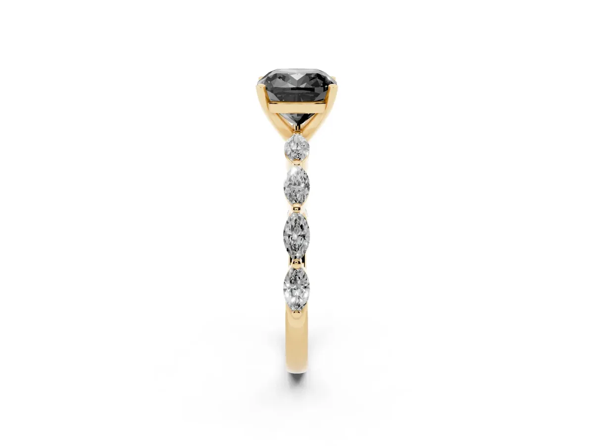 Fancy Black Cushion Cut Diamond Ring with Marquise Side Stones and Prong Setting Yellow gold
