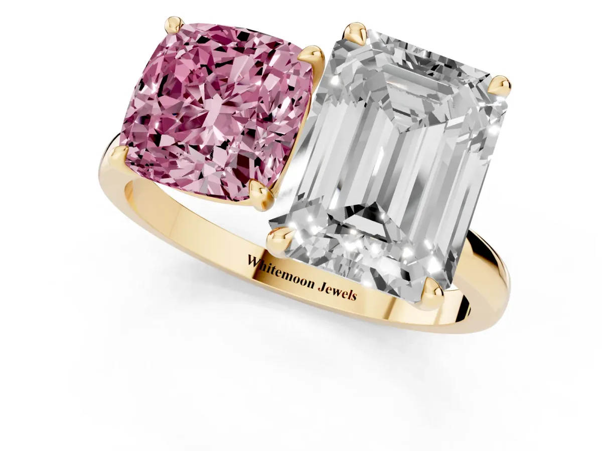 Fancy Pink Cushion Cut and Emerald Cut Toi Moi Ring with Prong Setting Yellow gold