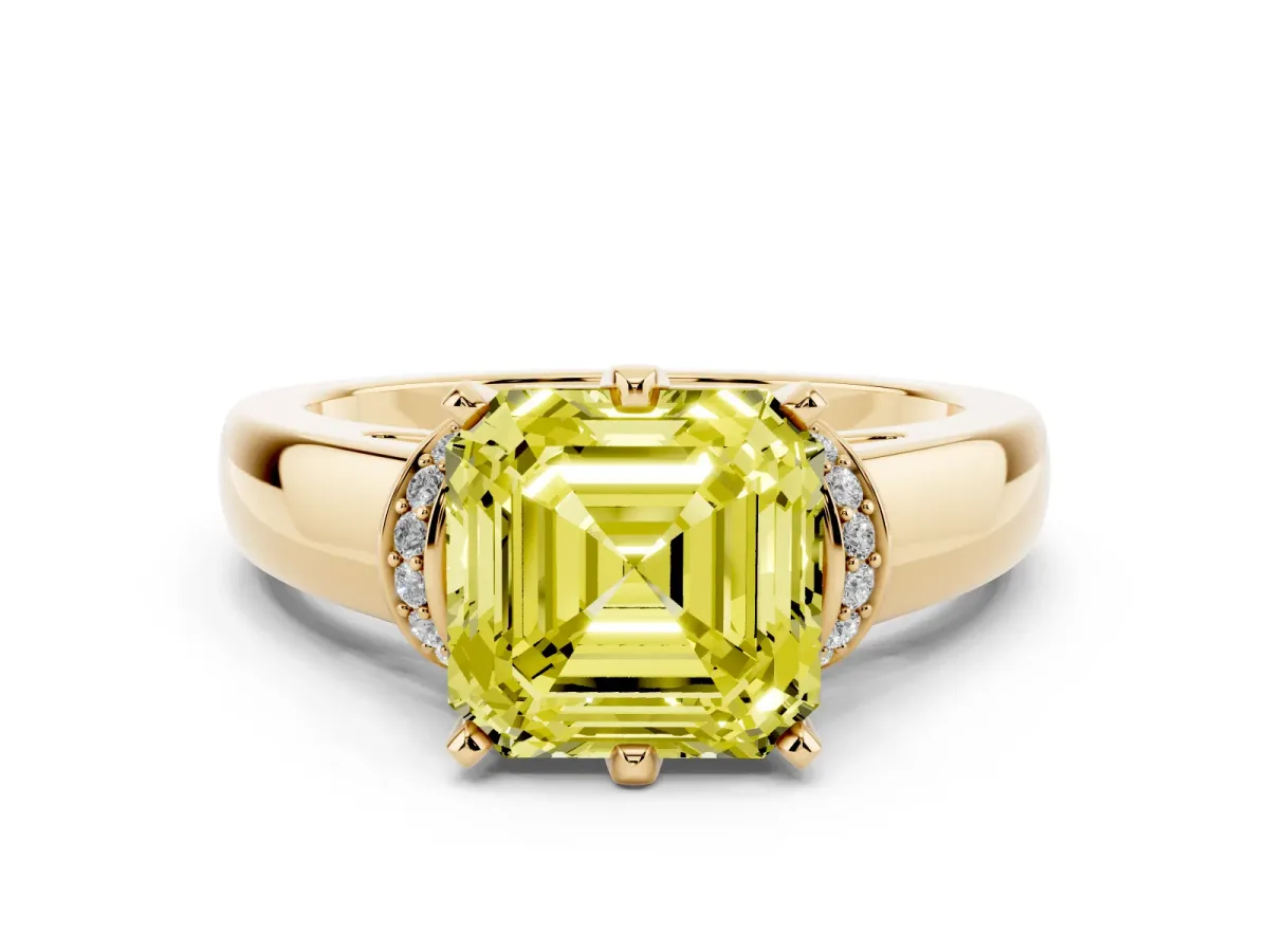Fancy Yellow Asscher Cut Solitaire Diamond Ring with Pave Band and Six-Prong Setting Yellow gold