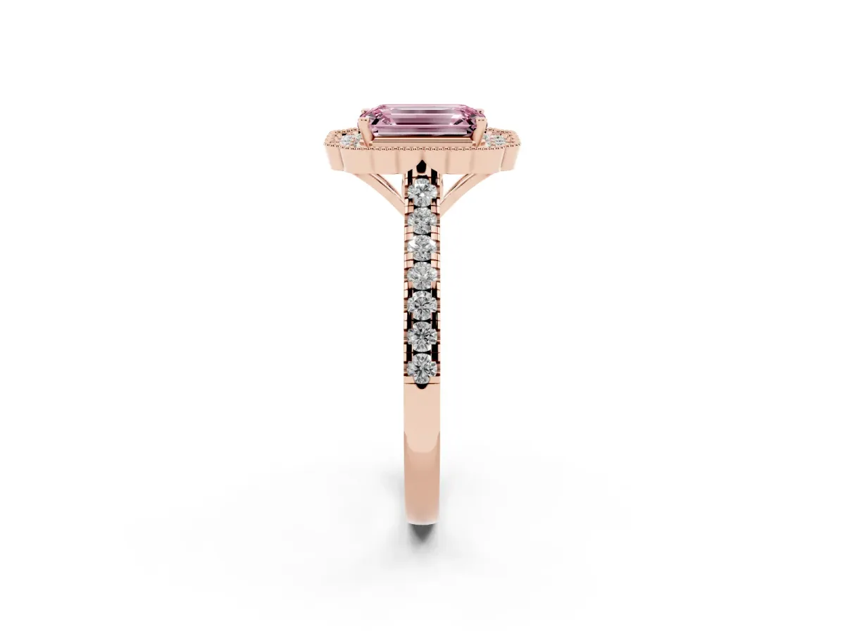 Fancy Pink Emerald Cut Cut Diamond Milgrain Floral Halo Engagement Ring with Pavé Band Rose gold