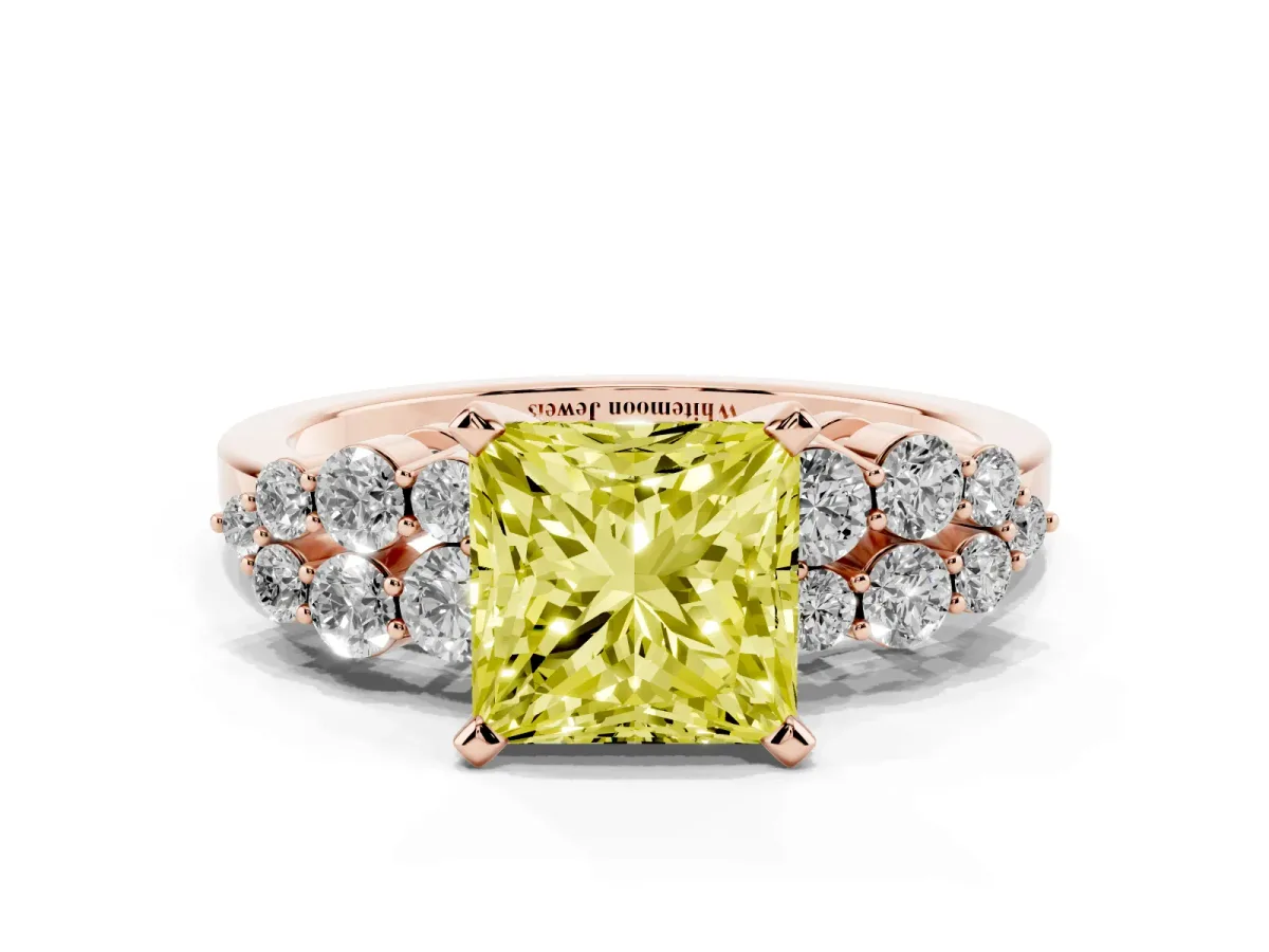Fancy Yellow Princess Cut Cluster Diamond Engagement Ring with Pavé Band and Four-Prong Setting Rose gold