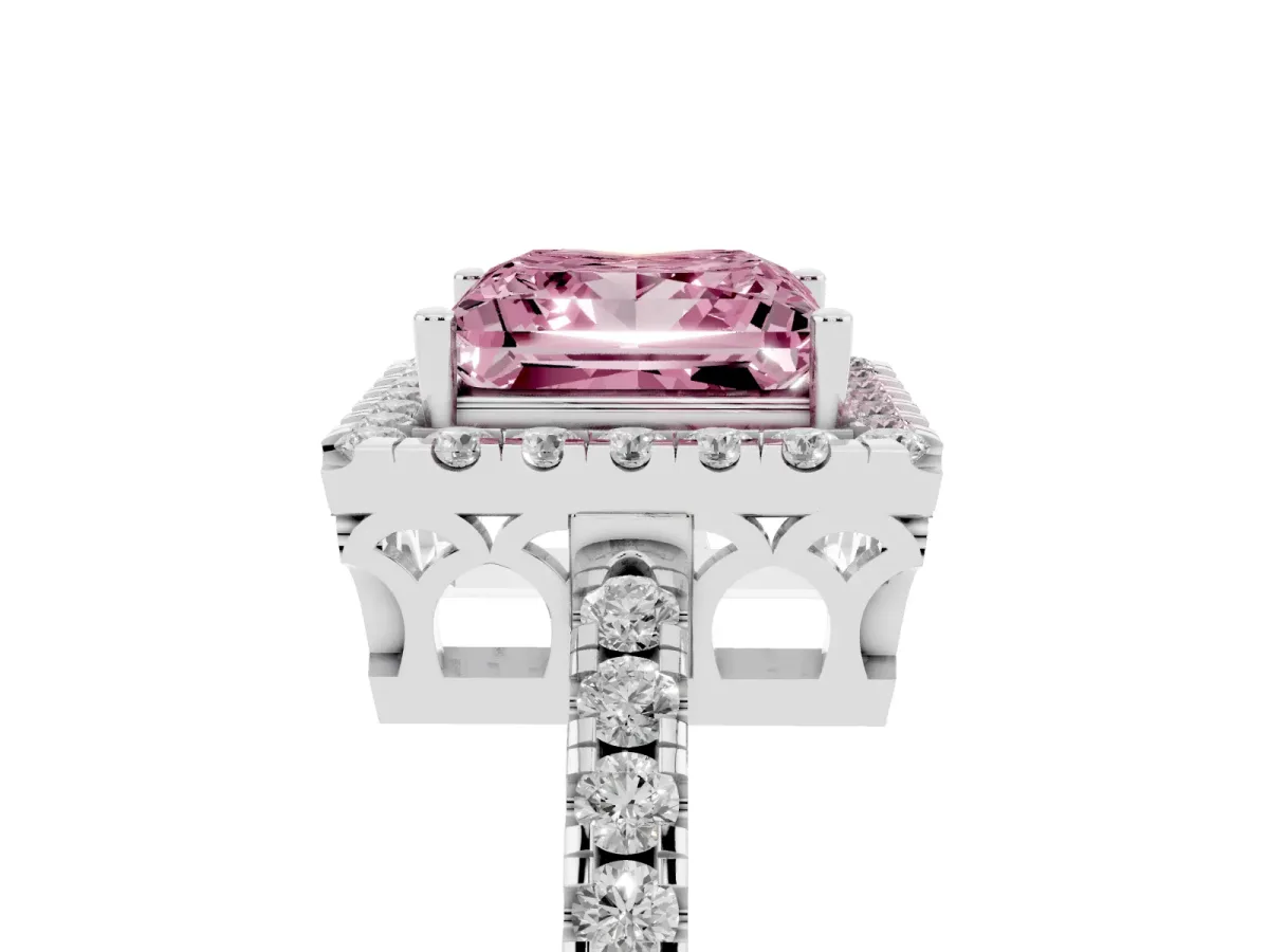 Fancy Pink Princess Cut Halo Diamond Engagement Ring with Pavé Band and Four-Prong Setting Silver