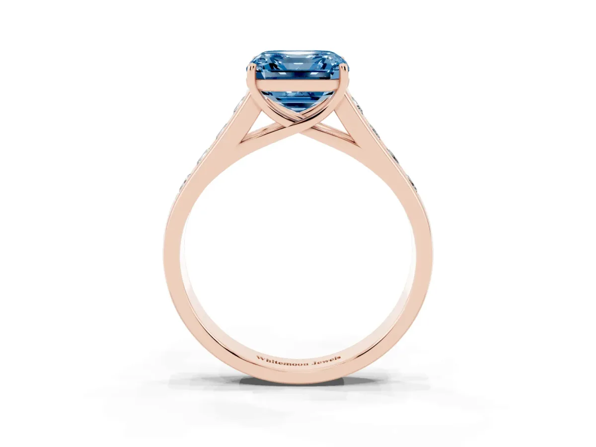Fancy Blue Asscher Cut Solitaire Channel-Set Diamond Engagement Ring with Four-Prong Setting Rose gold