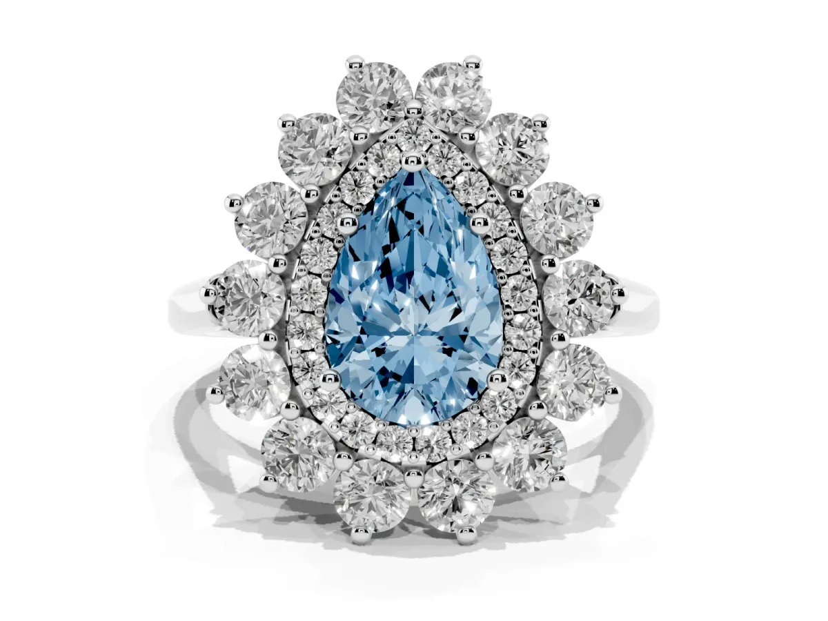 Fancy Blue Pear Cut Diamond Floral Double Halo Engagement Ring with Prong Setting Silver