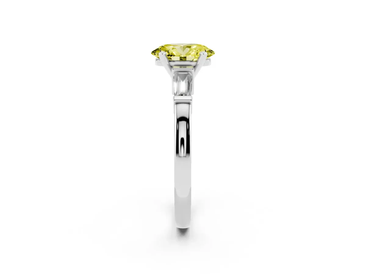 Fancy Yellow Oval Cut Cut Diamond Solitaire Ring with Tapered Baguette Accents and Four-Prong Setting Platinum