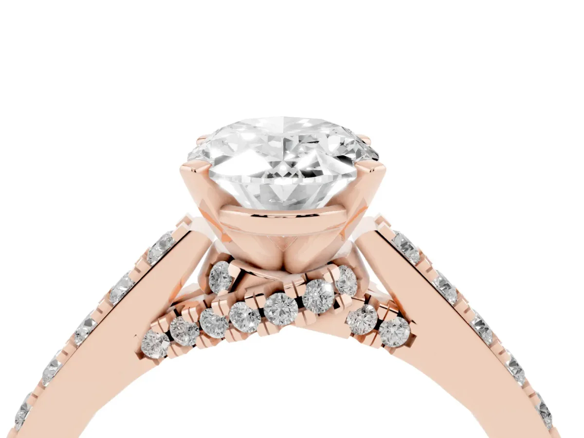 Oval Cut Diamond Solitaire Ring with Crossover Gallery and Round Pavé Band Rose gold
