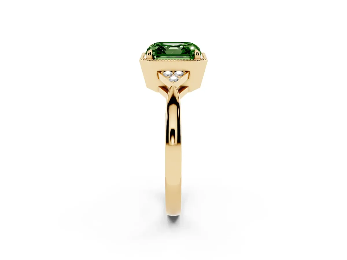 Fancy Green Milgrain Asscher Cut Cut Diamond Ring with Tapered Pave Band and Four Prong Setting Yellow gold