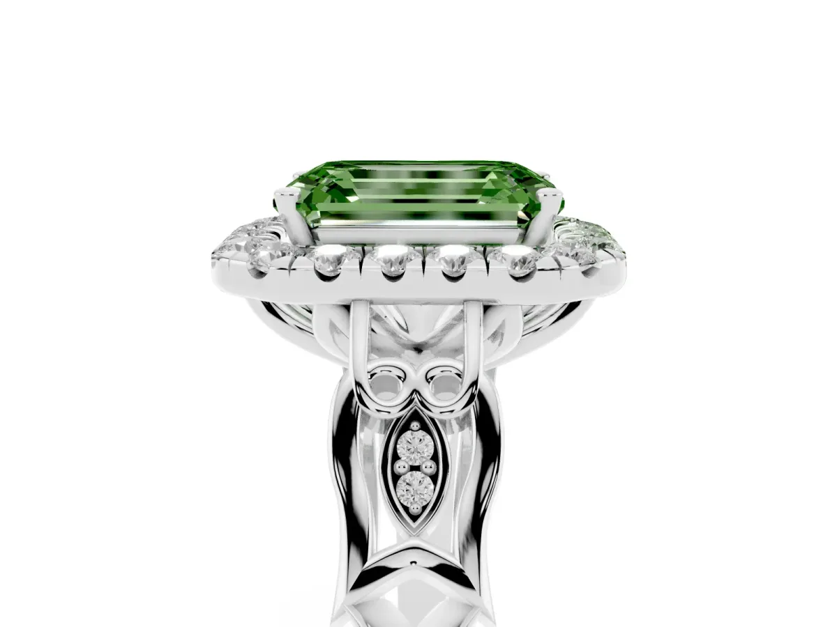 Fancy Green Emerald Cut Halo Diamond Engagement Ring with Filigree Band and Four-Prong Setting Platinum