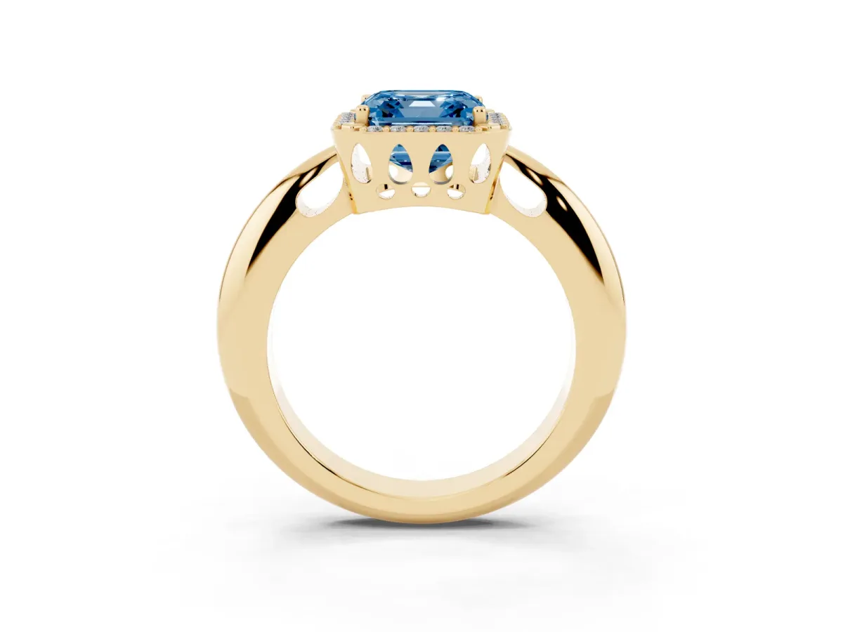 Fancy Blue Asscher Cut Cut Diamond Halo Engagement Ring with Split Shank and Four-Prong Setting Yellow gold
