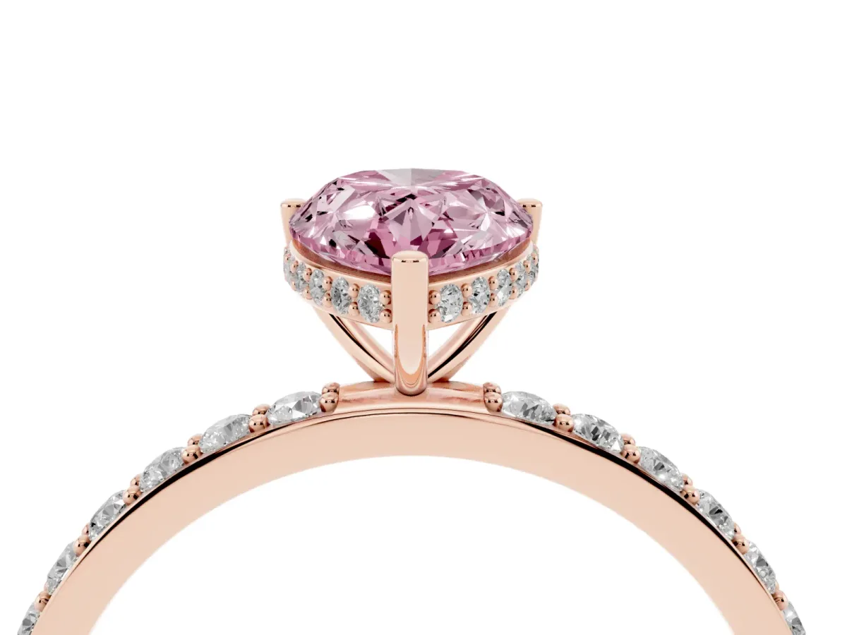 Fancy Pink Pear Cut Diamond Solitaire Ring with Pavé Band and Hidden Halo Rose gold