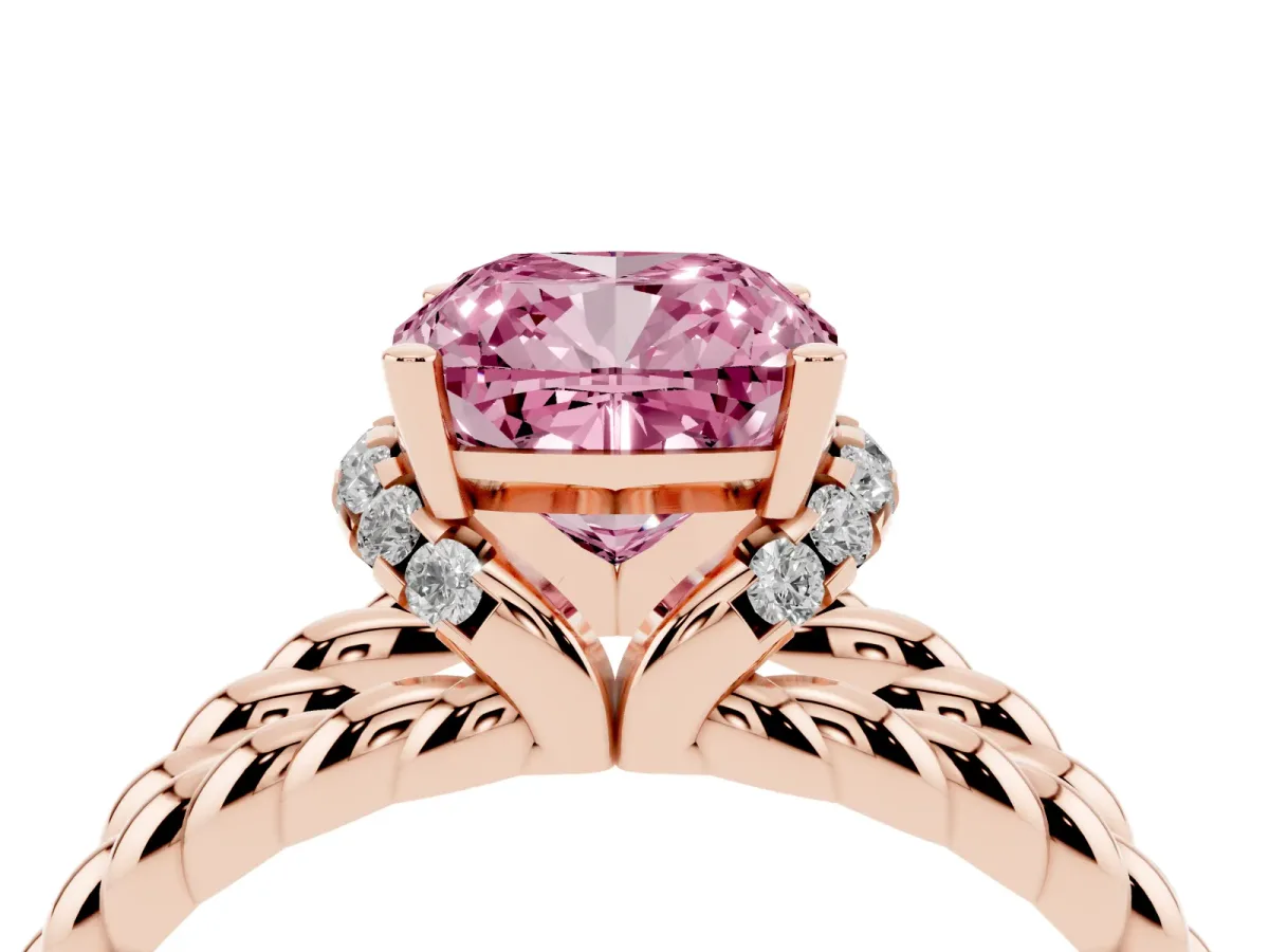 Fancy Pink Cushion Cut Halo Twisted Band Four-Prong Ring Rose gold