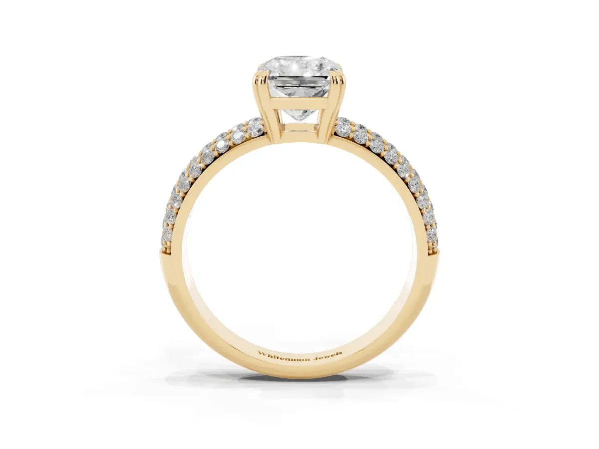 Radiant Cut Diamond Solitaire Ring with Multi-Row Round Pavé Band and Prong Setting Yellow gold